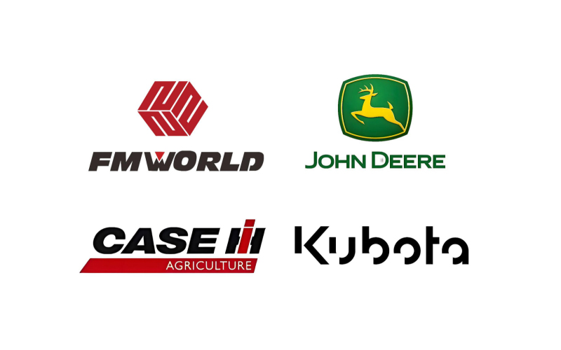  مجموعة من شعارات الشركات المصنعة للآلات الزراعية بما في ذلك FMWorld، وJohn Deere، وCase IH، وKubota.